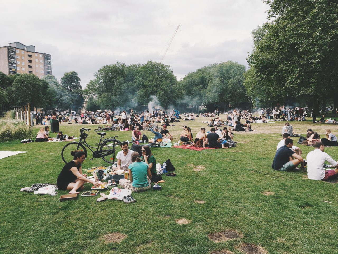 Groups of young adults hanging out on an open green space.